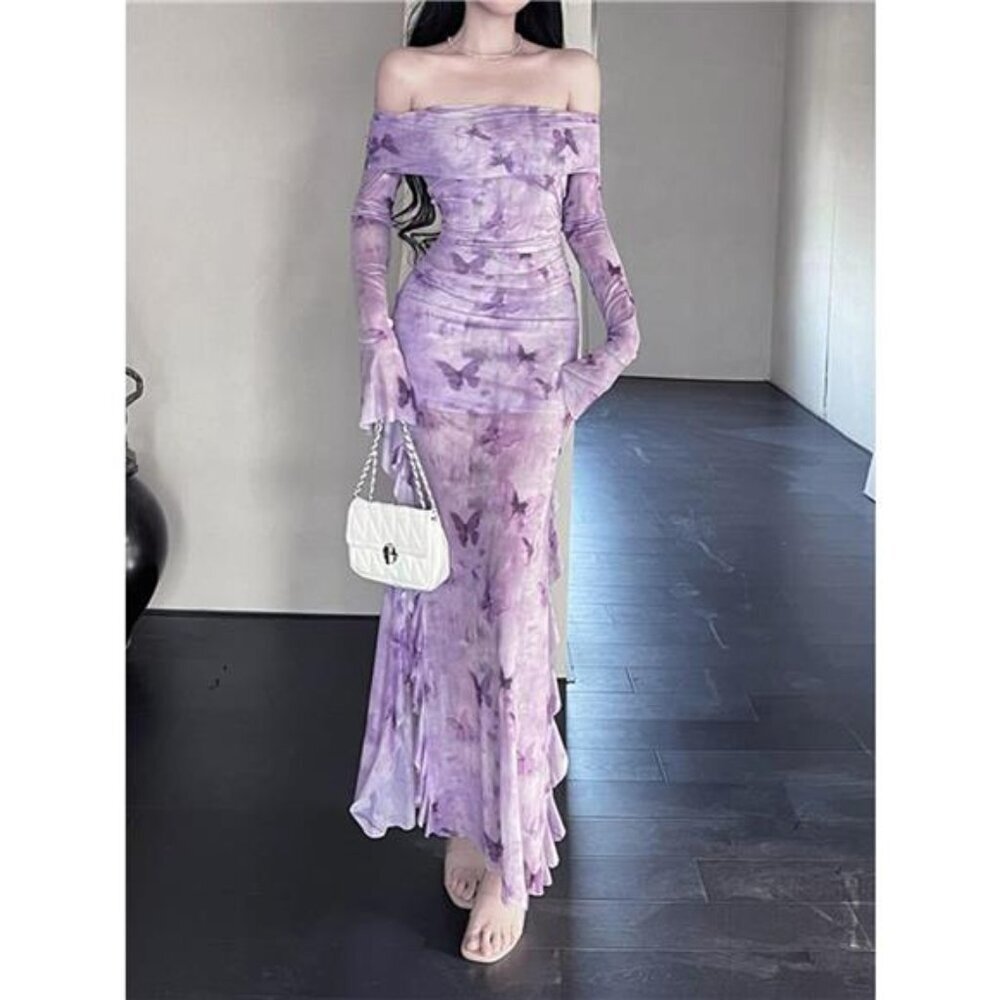 Butterfly Print Off-Shoulder Mesh Mermaid Dress